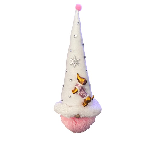 Christmas Gnome Ornament Dachshund Dog White Hat Pink Pom Holiday Decor 10" - Picture 1 of 9